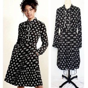 ModCloth Womens Tie Neck Black Floral Polka Dot Pleated Shirt Dress Pockets XL